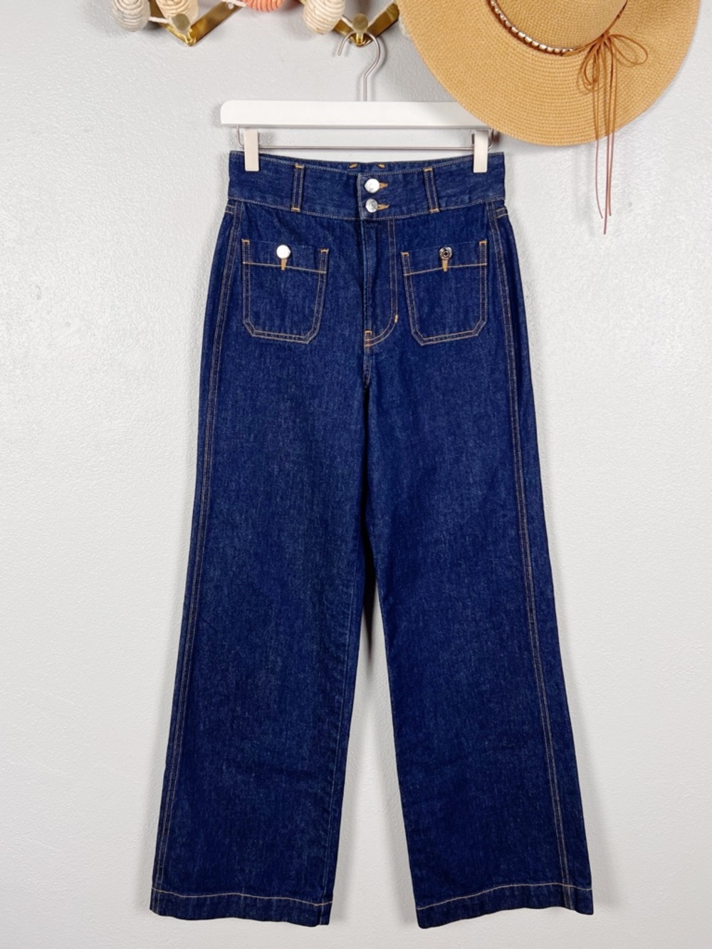 Veronica Beard Taylor Wide Leg High Rise Patch Pocket Jeans Indigo Rinse Size 26 - Picture 10 of 12